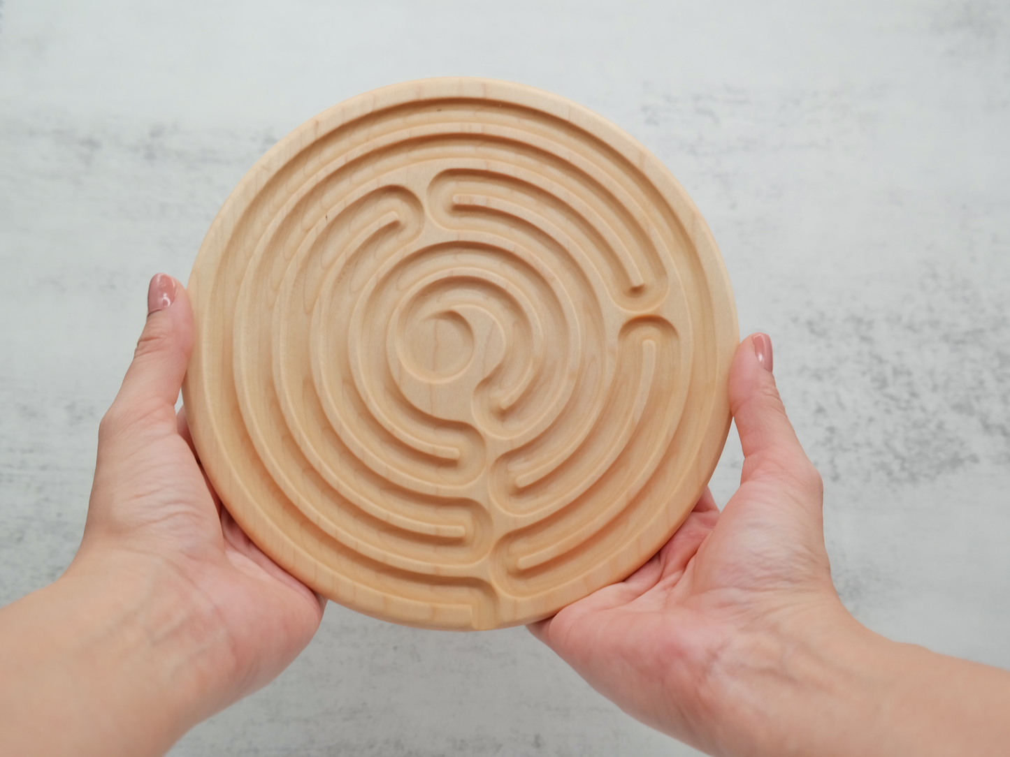 7 circuit Wooden Finger Labyrinth with 1 in Carved Center, 7.5 in Diameter