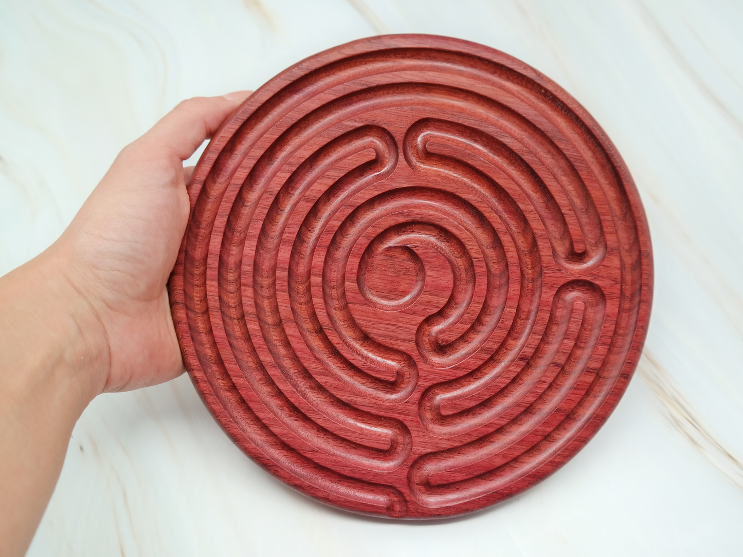 7 circuit Wooden Finger Labyrinth with 1 in Carved Center, 7.5 in Diameter