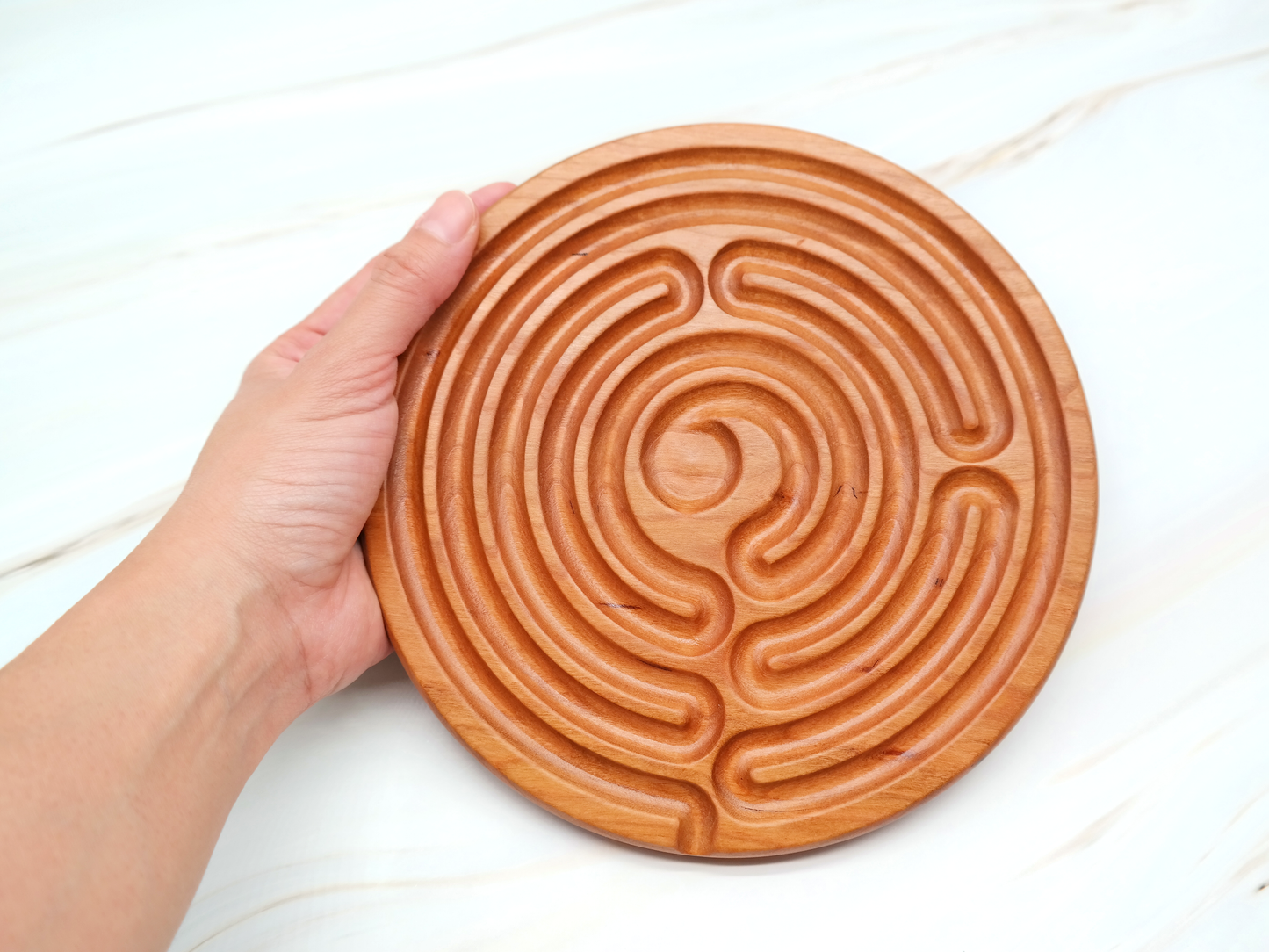 7 circuit Wooden Finger Labyrinth with 1 in Carved Center, 7.5 in Diameter