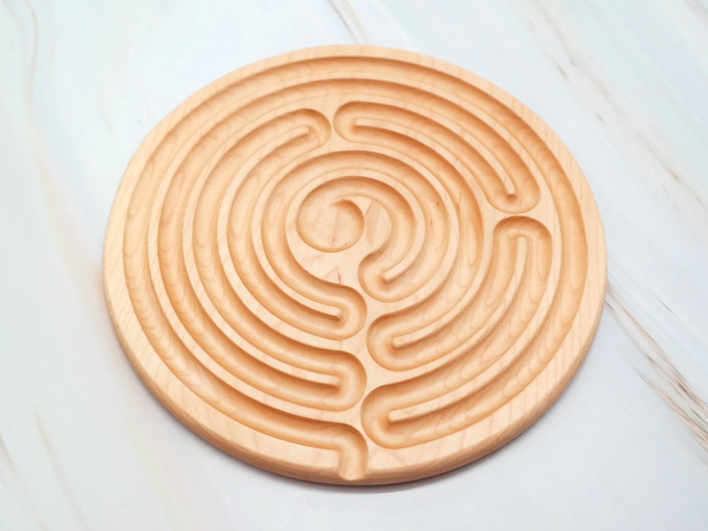 7 circuit Wooden Finger Labyrinth with 1 in Carved Center, 7.5 in Diameter