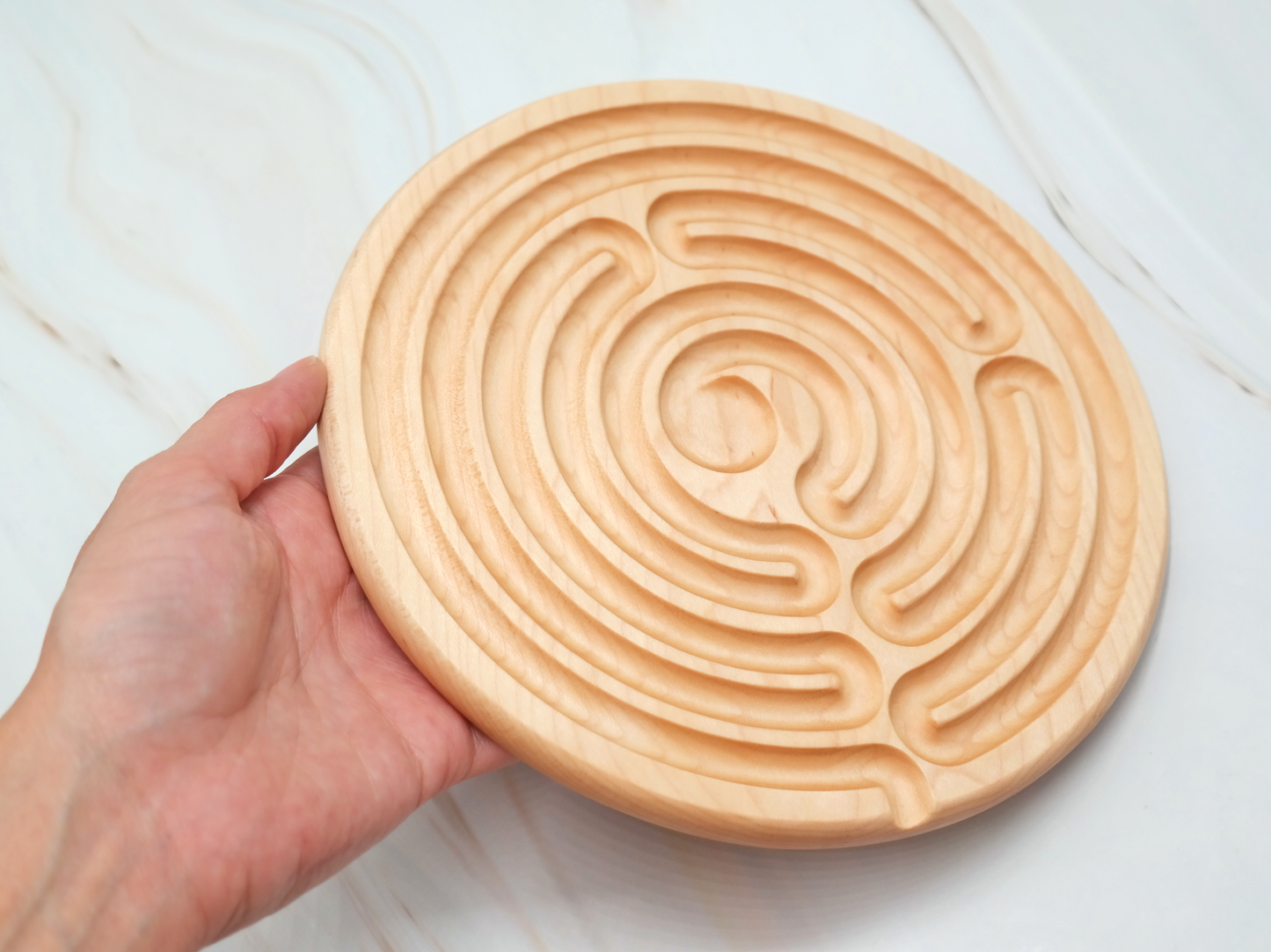 7 circuit Wooden Finger Labyrinth with 1 in Carved Center, 7.5 in Diameter