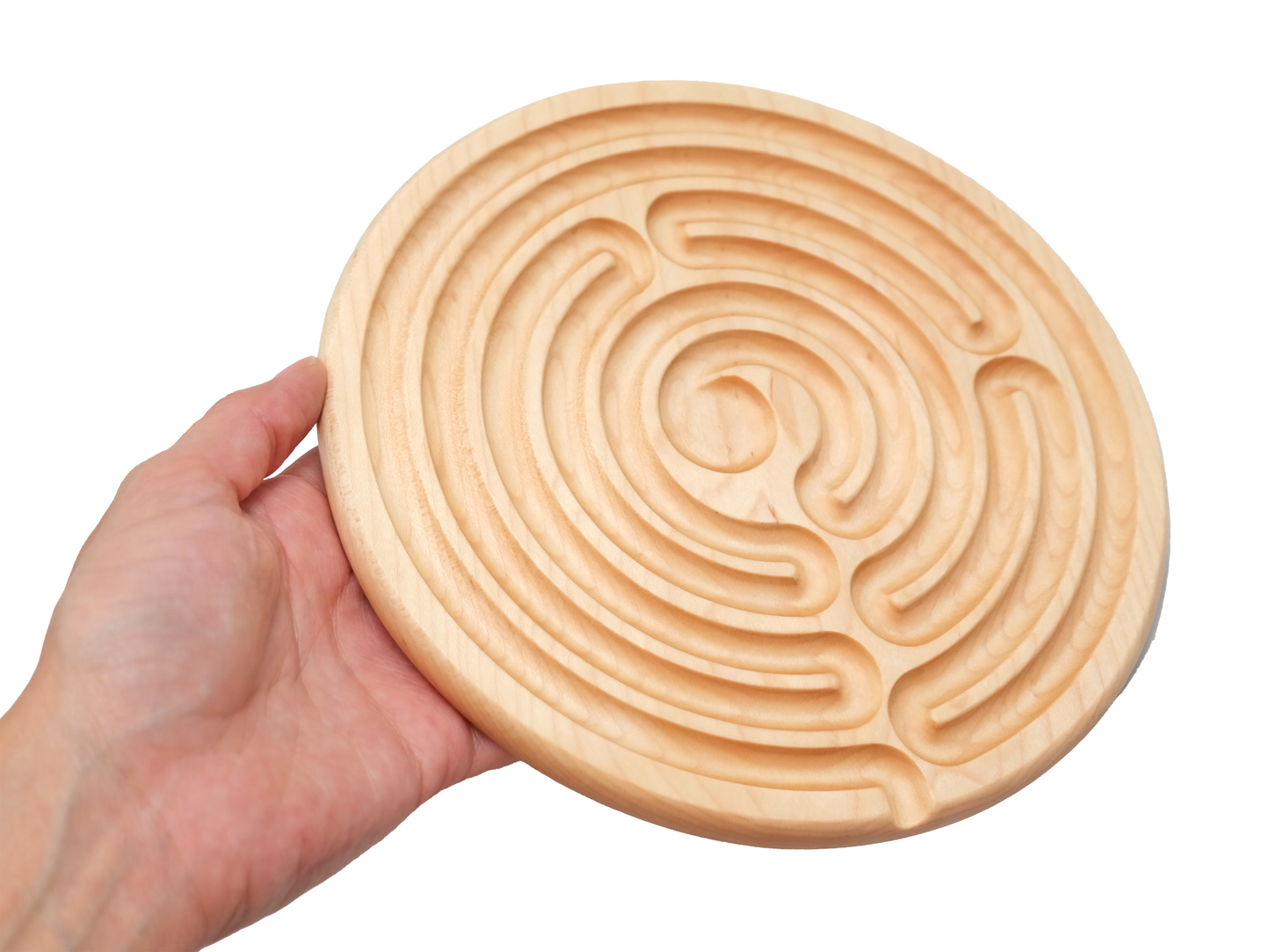 7 circuit Wooden Finger Labyrinth with 1 in Carved Center, 7.5 in Diameter