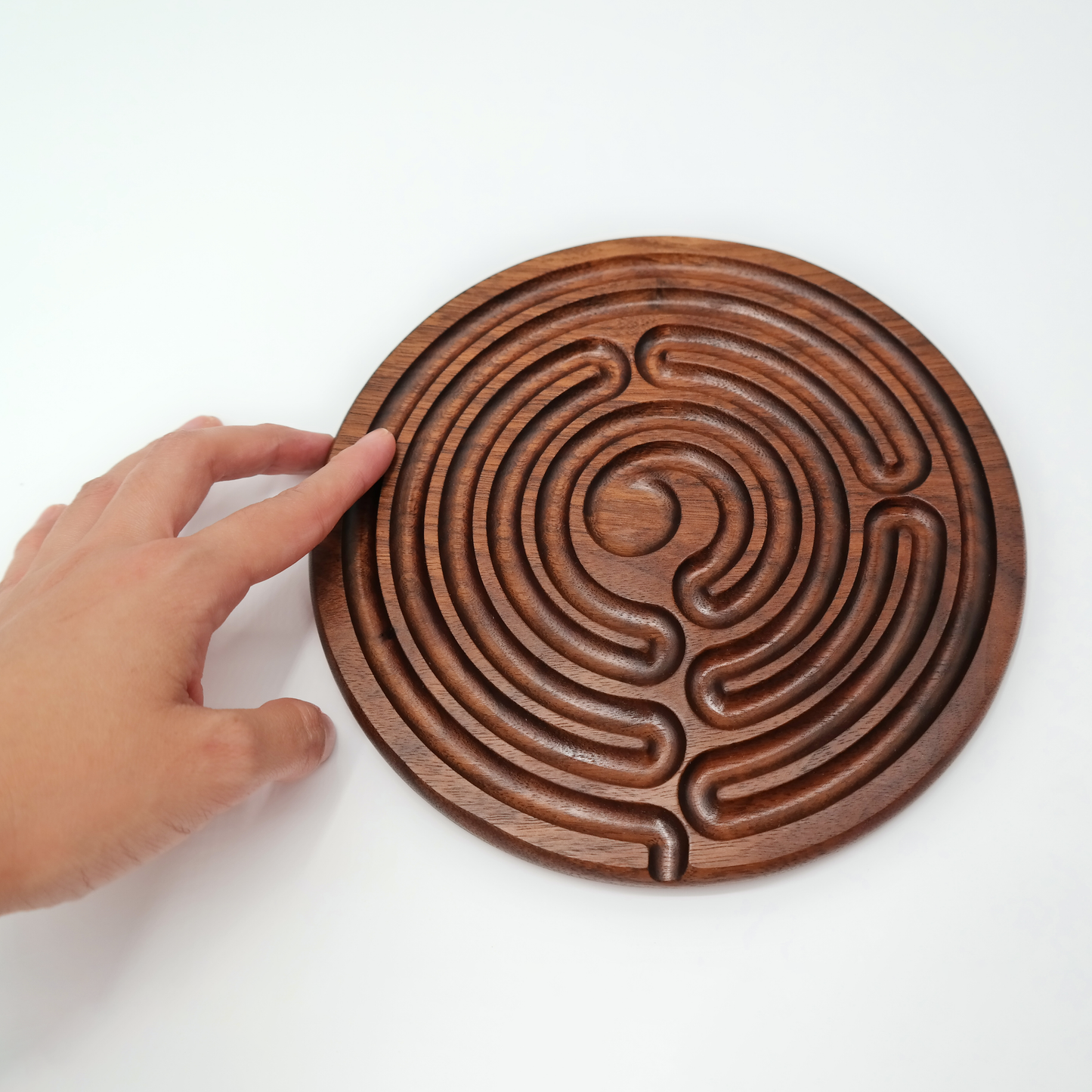 7 circuit Wooden Finger Labyrinth with 1 in Carved Center, 7.5 in Diameter