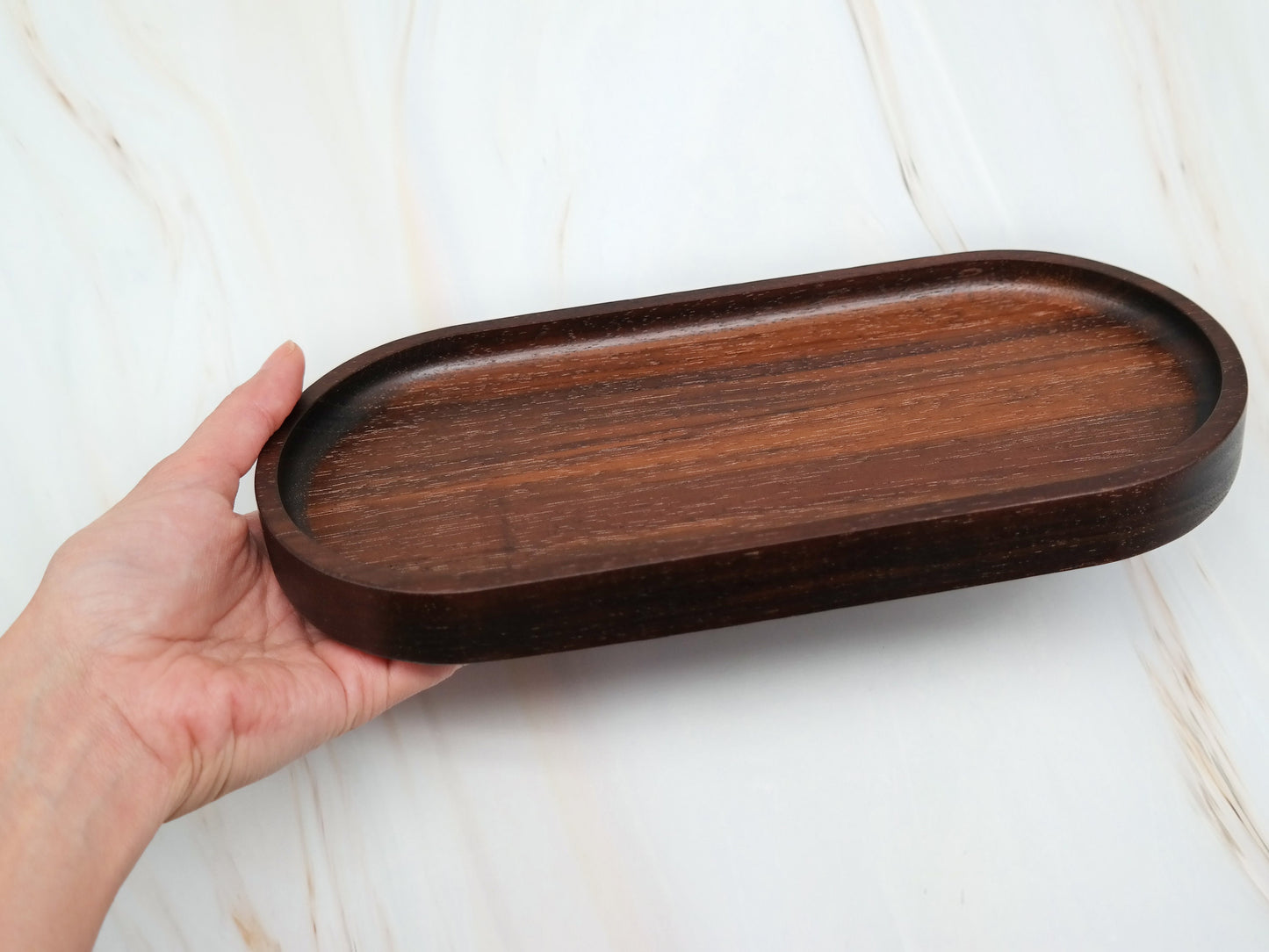 Walnut Wood Oval Catchall Tray for Soap Bottle and Jewelry, Bathroom Vanity Wooden Tray for Counter,Oval Trinket Tray for Kitchen Sink decor