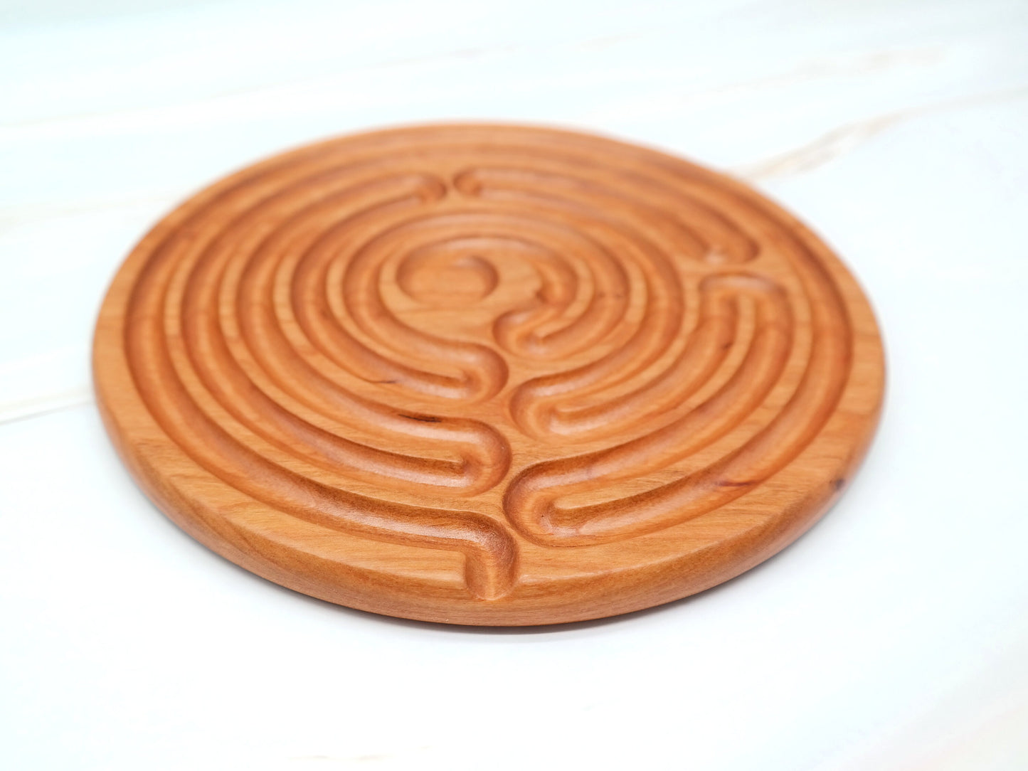 Cherry Wood Finger Labyrinth, with Carved Center, 8 In diameter